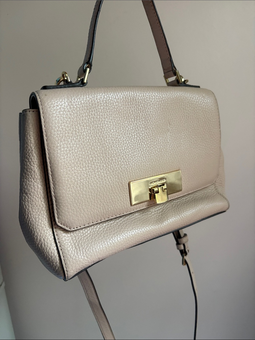 Michael Kors Pebbled Leather Crossbody in Light Taupe with Gold Hardware